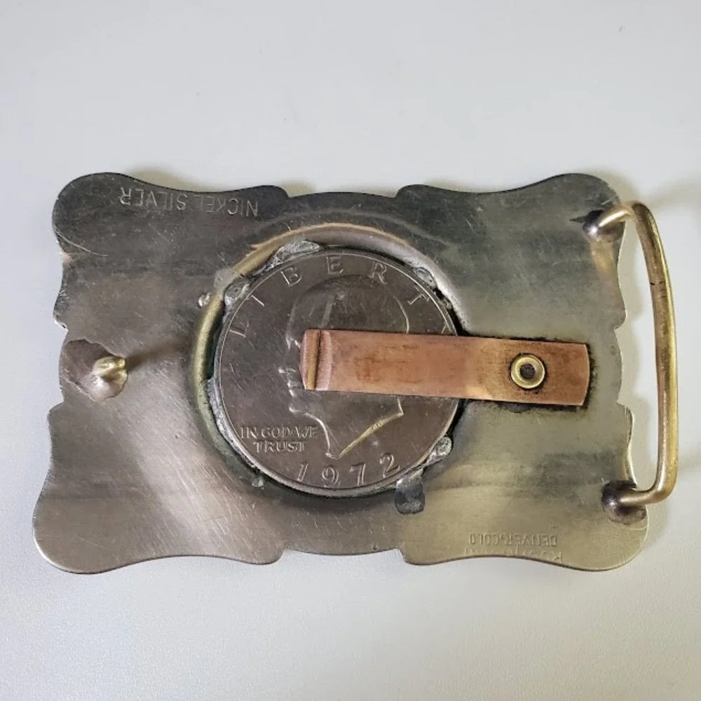 Vintage 1972 Eisenhower Dollar Coin Belt Buckle Nickel Silver Western Engraved